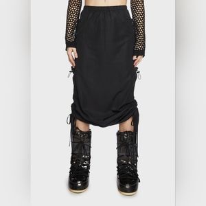 Long black nylon skirt with ruching